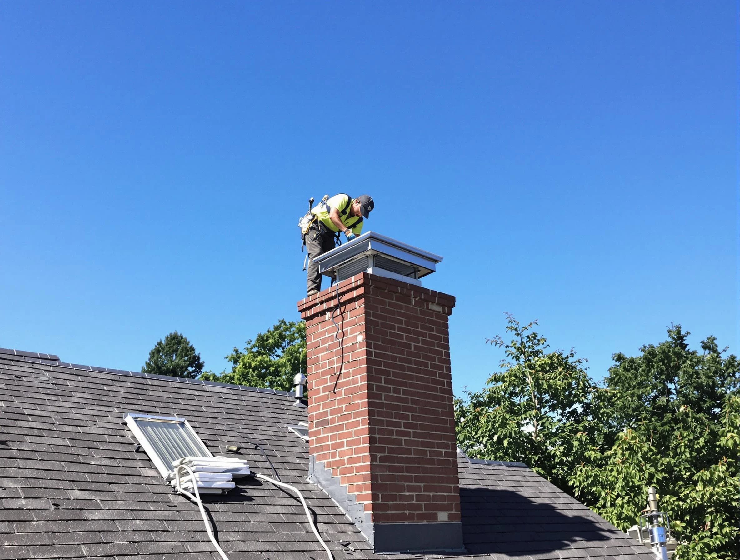 Saratoga Springs Chimney Sweep technician measuring a chimney cap in Saratoga Springs, UT